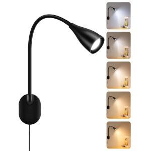 LED 벽 장착 독서등, 5가지 색상 모드 10 밝기 감소기, USB 충전 포트, 메모리 및 타이머, 침대에서 읽을 수 있는 접착식 책등, 침대 옆 독서실용 케어 월 램프 블랙
