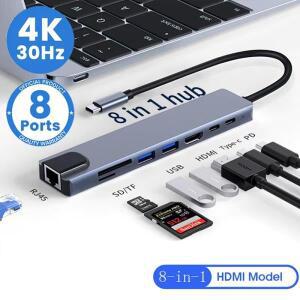 USB 8 in 1 타입 C 3.1 to 4K HDTV 허브 어댑터 SD TF RJ45 카드 리더기 PD 고속 충전 맥북 노트북 컴퓨터