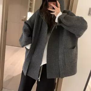 차콜 후드 니트 가디건 루즈핏 오버 겨울 아우터사이즈 데일리룩 여성옷 빅사이즈 간절기 집업 롱가디건