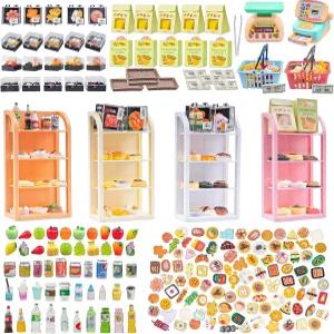 199개 인형의 집 미니어처 상점 식료품 액세서리 미니 쇼핑 바구니 4개 3단 선반 슈퍼마켓 음식 음료 병