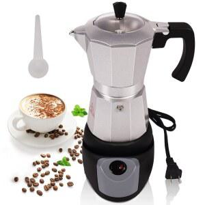 알루미늄 전기 모카 포트 5-6컵 270ml 익스프레스 커피 메이커 스토브탑 에스프레소 휴대용 이탈리안 클래식 브루잉 그레카 카페 모카, 탈착식 베이스 및 과열 방지 기계 포함