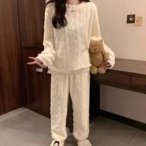 [라일리여성언더웨어] Rly 여성 소프트 양털 극세사 파자마 겨울 꽈배기 따