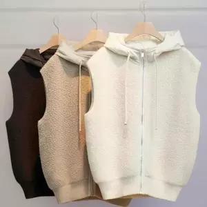 여성용 후드 스트링 뽀글이 퍼 캐주얼 집업 베스트