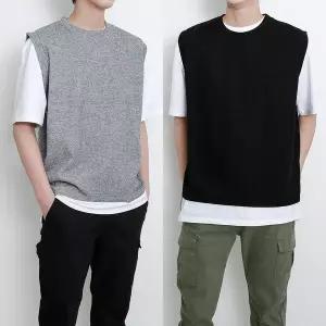 [하프클럽/코디제이]남자 M 리브드R넥조끼 라운드넥 베스트 레이어드 데일리 남친룩