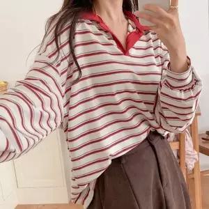 여성 루즈핏 배색 스트라이프 오픈카라 티셔츠