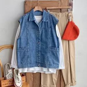 여자 캐주얼 포켓 루즈핏 데님 스냅버튼 롱 조끼