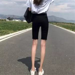 여성용 하이웨스트 블랙 스판 5부 스키니 팬츠