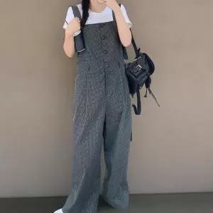 여성 도트 패턴 멜빵 핀턱 와이드 면 점프슈트