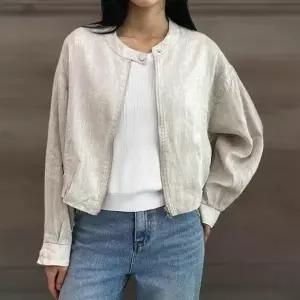 여성 여름 린넨 세미 크롭 집업 재킷