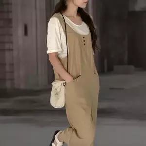 여성 여름 린넨 와이드 점프수트 버튼 디테일 뒤트임 오버롤