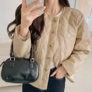 벌집 라운드넥 금장단추 간절기 가죽자켓 퀼팅점퍼