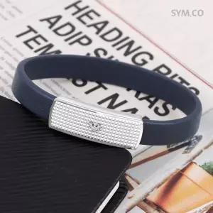 알마니 EGS2987 독수리 엠블럼 스터드 실버 톤 바 네이비 빈티지 남자 가죽 팔찌 d