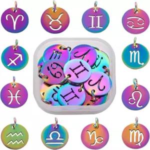 레젠틀리수르 조디악 별자리 팔찌 목걸이 DIY 점성술 펜던트 제작을 위한 평평한 원형 합금 금 부적 매력을