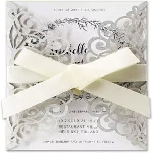 글리터 봉투와 리본이 달린 Fashmade 50Pcs 컷 청첩장 개인 맞춤형 카드 파라 퀸세나녜라 생일 베이비 샤워