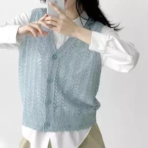 망사 그물조끼 스칼럽 브이넥 하늘색 오픈니트 봄코디