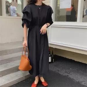 [오노마] ONM 어깨 소매 셔링 원피스 앞트임 롱원피스 (S8653696)