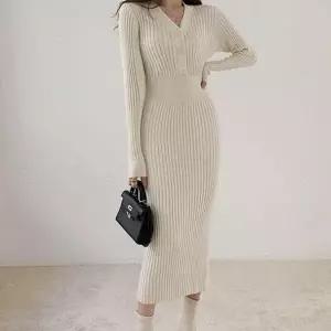 [오노마] ONM 골지 단추 핏 롱원피스 V넥 중요한 자리 데일리 (S11576808)