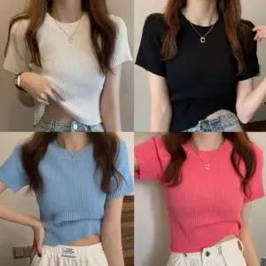 [오노마] ONM 여성 신축성 좋은 골지 적당한 크롭 기장 니트 반팔 (S10258186)