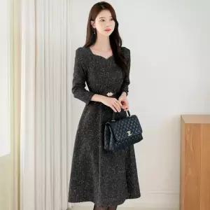 [시크라인] 바클렘 하트넥 벨티드 플레어 트위드 원피스