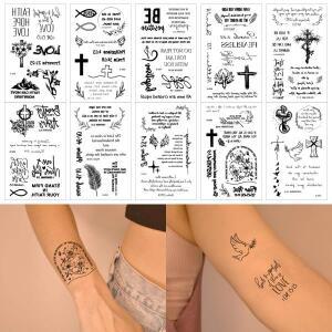 타투 10 시트 기독교 동기 부여 성경 문신 스티커 구절 따옴표 단어 여성을위한 검은
