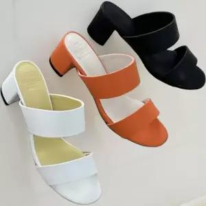 여성 심플 컬러 통굽 5cm 더블 스트랩 뮬 샌들