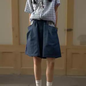 여성 체크 포켓 벨트형 5부 데님 반바지