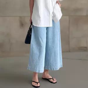 여성 여름 연청 와이드핏 9부 뒷밴딩 통청바지
