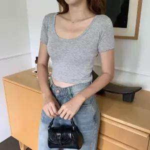 [하프클럽/]여성용 데일리 레이온 스판 유넥 크롭 반팔 티셔츠