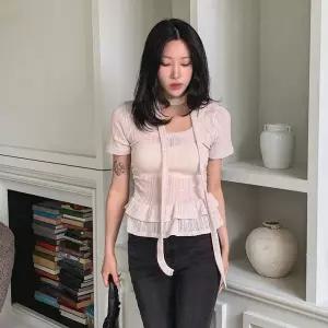 [하프클럽/]여성 시스루 골지 프릴 반팔 초커 티셔츠