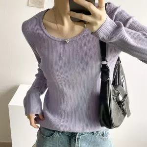 여성 파스텔 보라 스카시 골지 긴팔 니트 스쿱넥