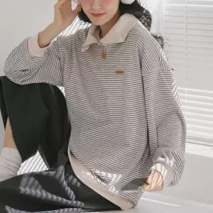 스트라이프 반집업 카라 맨투맨 티셔츠 루즈핏 여성 빅사이즈