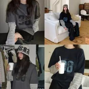 [모코블링] 브루클린98 레이어드 티셔츠 #레이어드티셔츠 #프린트티셔츠 #스트라이프긴팔티 #피치기모 #긴팔티 #기모티셔츠 #나염티셔츠