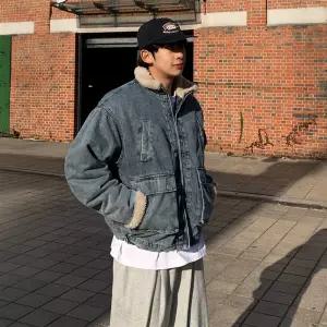 빈티 남자 루즈 오버핏 데님 양털 무스탕 자켓