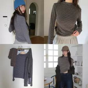 [모코블링] 스트라이프 기모 반폴라 티셔츠 #기모티 #이너티 #단가라티 #스트라이프목티 #폴라티 #반목티 #슬림핏 #겨울티셔츠 #겨울상의 #속기모