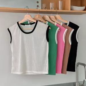 여성 여름 배색 골지 나시 라운드넥 캡소매 스판