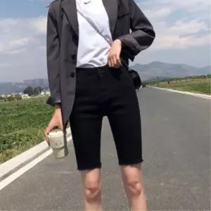 여성용 하이웨이스트 블랙 스판 5부 스키니 팬츠