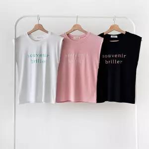 여성 레터링 자수 잔골지 캡소매 모달스판 티셔츠