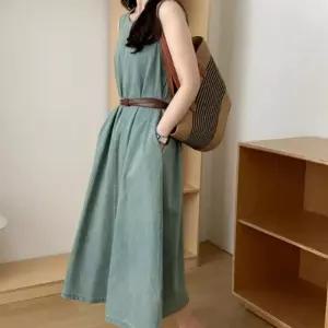 여자 블루 일자핏 벨트포함 민소매 데님 롱 원피스