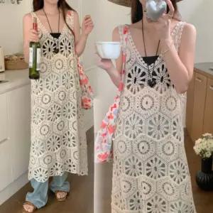 여성 그물 짜임 시스루 패턴 나시 레이어드 롱 원피스