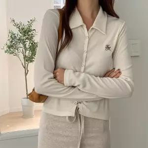 여자 여리핏 롱슬리브 골지 스판 스냅 카라넥 가디건