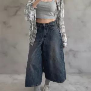 여성 스트라이프 9부 버뮤다 와이드 청바지 가을용