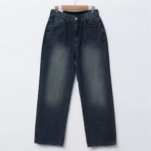 여자 스트라이프 빅사이즈 통 일자 속밴딩 워싱 청바지