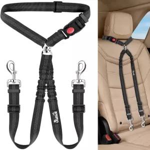 루코비 더블 도그 안전벨트 새로운 듀얼 펫 카 헤드레스트 엉킴 방지 목줄 의무 조정 탄력 번지 강아지