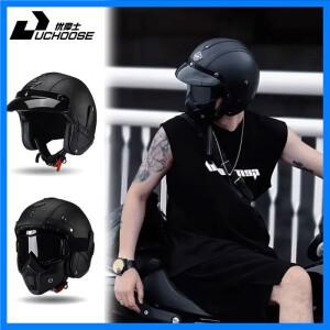 UCHOOSE 레트로 빈티지 헬멧 오토바이 3/4 성인 PU 가죽 Casco 모토 헬멧 고글 마스크와 오토바이 헬멧