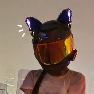 [호환품]부드럽고 푹신한 고양이 귀 2개 모터사이클 헬멧 액세서리 내구성 있는 LED 장식 풀페이스 오프로