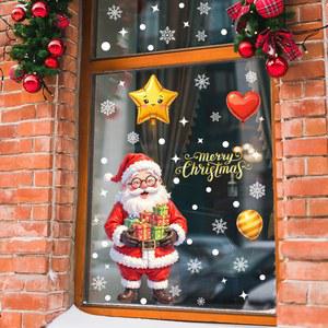 만화 산타클로스 창문 스티커 크리스마스 선물 눈송이 풍선 정전기 메리 새해 많이 노엘 받으세요 복 장식