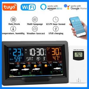 투야 와이파이 스마트 기상 관측소 온도 습도 계량기 일기 예보 실내 야외 다기능 날씨 알람 시계