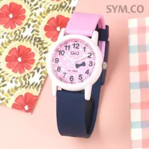 큐앤큐 VS49J-005Y 학습에 좋은 도트 리본 캐릭터 어린이 아동 우레탄 시계 d