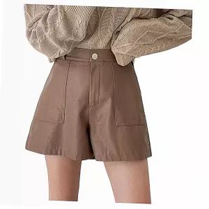 하이웨스트 밴딩 포켓 가죽팬츠 레더 여름 캐주얼 심플 핫팬츠 가을 반바지 와이드 여성