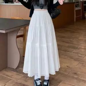 화이트 레이스 롱 스커트 여성 플레어 A라인 밴딩 치마 (WFK61QW)